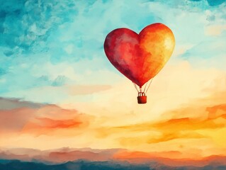 Fototapeta premium A Whimsical Journey: Heart-Shaped Hot Air Balloon Soaring Above a Breathtaking Landscape