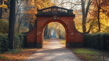 Obraz premium An enchanting brick archway surrounded by vibrant autumn foliage, welcoming visitors to a peaceful path in a picturesque park during fall.