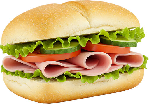 A fresh ham and vegetable sandwich on a lightly toasted bun sits ready to eat. The sandwich features lettuce, tomato, cucumber, and sliced ham, offering a vibrant and appetizing meal option.