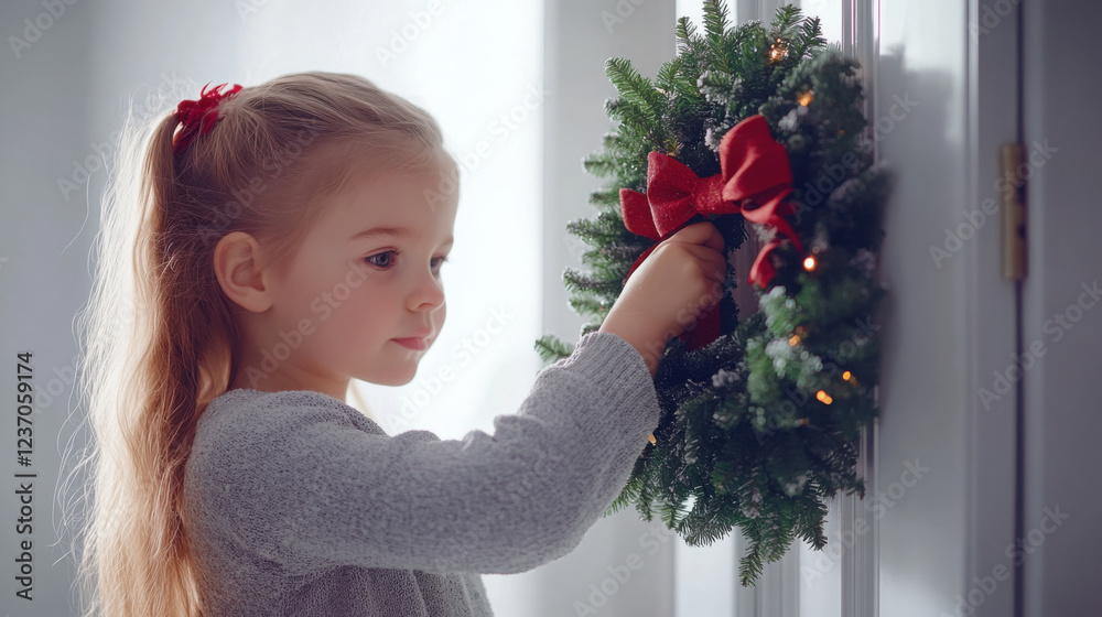 Wall mural Young girl decorating with holiday wreath for christmas celebration