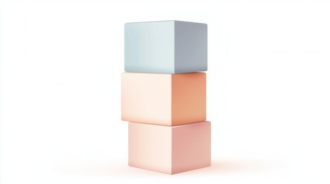 Fototapeta 3d rendering of three cubes stacked on top of each other. the cubes are of different colors - one is light blue, one is peach, and one is white.