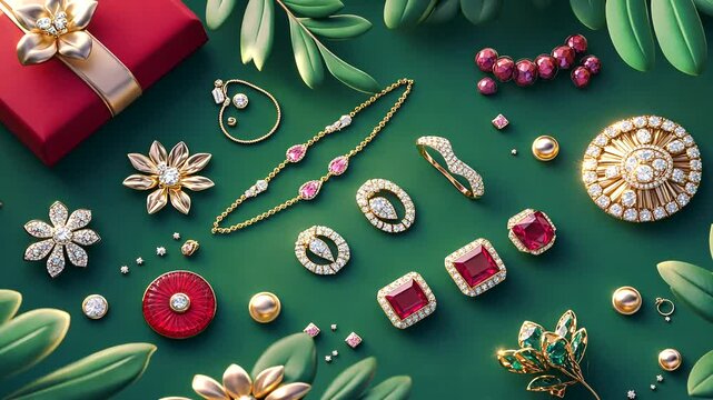Elegant jewelry arrangement on green background with gifts