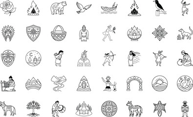 A collection of 40 minimalist line art illustrations depicting indigenous cultural elements animals, landscapes, people, and symbolic imagery. Black and white style.
