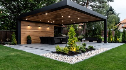 Naklejka premium Modern outdoor patio with pergola, lights, and seating area at night