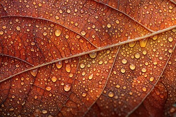 Fototapeta premium Early morning glimmers highlight droplets resting on a rich orange leaf, showcasing nature's artistry as autumn unfolds in a serene landscape.