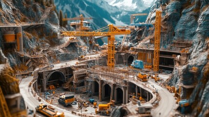 Obraz premium Mountainous Terrain Construction Site Model Displaying Extensive Development