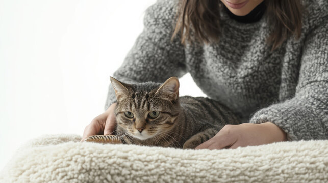 Professional pet sitter gently brushing a relaxed cat in cozy indoor setting
