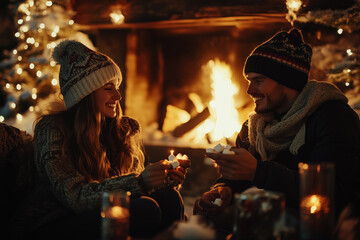 A cozy winter scene of a couple sitting by the fireplace, enjoying marshmallows and a warm atmosphere. Perfect for Valentine’s Day, featuring a festive holiday vibe.