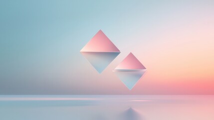 Abstract digital art piece with a gradient background. it features two triangular shapes, one in pink and one in light blue, floating on a body of water.