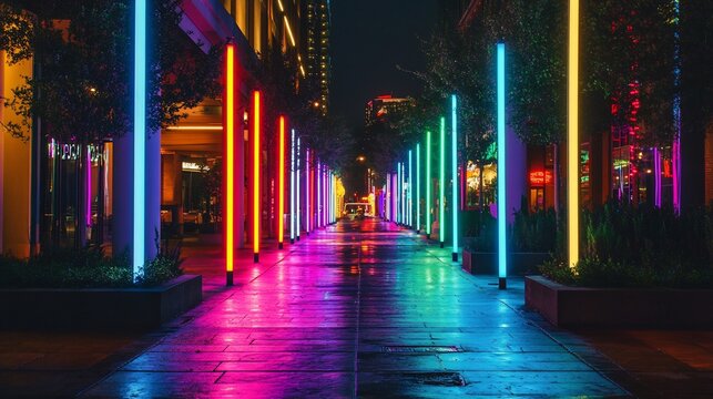 Vibrant Neon Lights Illuminate Urban Night Walkway A mesmerizing display of colorful LED light columns lining a city street at night, creating a vibrant and modern atmosphere.