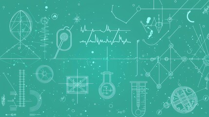 Scientific illustrations on a teal background depicting various experiments and data analysis in a laboratory setting. Generative AI