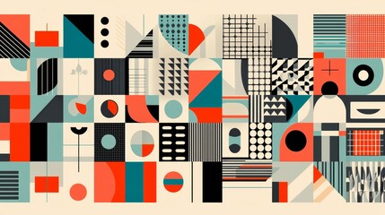 Colorful abstract geometric design showcasing diverse patterns and shapes in a harmonious arrangement on a light background. Generative AI