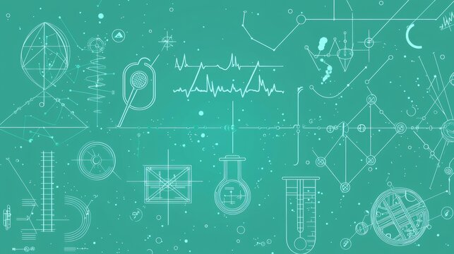 Scientific illustrations on a teal background depicting various experiments and data analysis in a laboratory setting. Generative AI