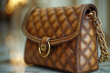 A beautifully crafted brown leather handbag featuring a quilted design and a golden chain is...