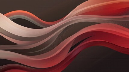 Abstract digital art piece with a dark background. it features a series of wavy lines in different shades of red and beige, creating a wave-like pattern.