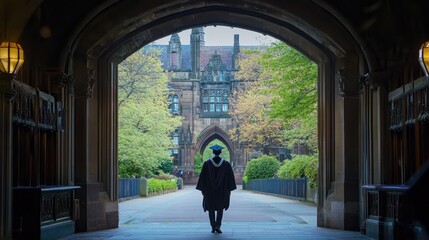 Graduate walks through ancient university archway towards future