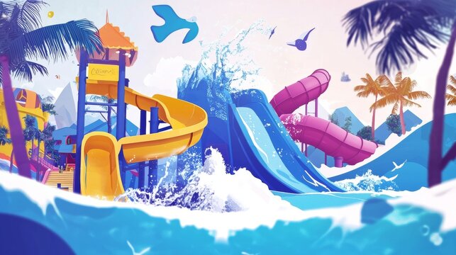 Colorful water slides in a vibrant amusement park near the beach on a sunny summer day. Generative AI