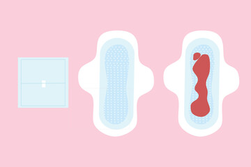 Menstrual pads set with blood inside. Flat style design element set. Suitable for clip art, stickers, flat design illustration, etc