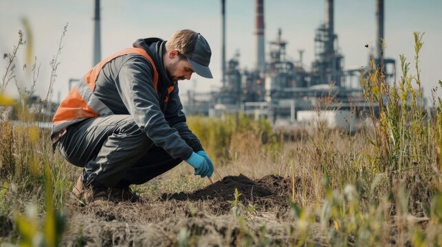 An environmental scientist collecting soil samples in a polluted area, with industrial facilities and testing equipment in the background, Field study scene