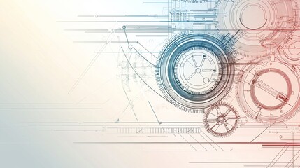 Abstract gears and mechanical elements create a futuristic design in shades of blue and red on a light background. Generative AI