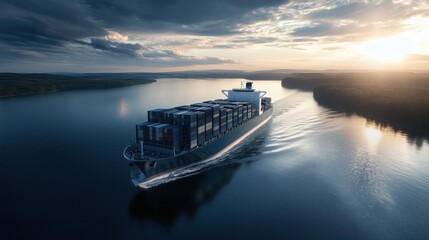 Container ship navigating river at sunset with dramatic sky and tranquil water landscape
