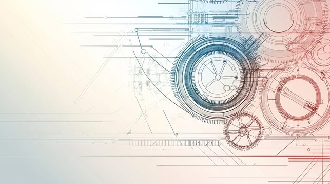 Abstract gears and mechanical elements create a futuristic design in shades of blue and red on a light background. Generative AI
