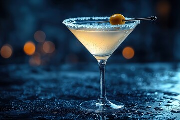 A delicate cocktail rests in a stylish glass adorned with a garnish, surrounded by glistening droplets, creating a serene yet lively vibe. Soft lights twinkle in the backdrop, enhancing the allure.