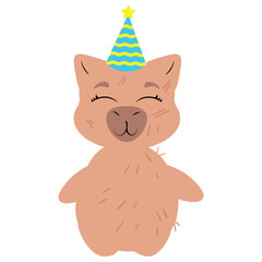 Adorable capybara wearing a festive party hat with a joyful expression. Perfect for birthday designs, greeting cards, invitations, digital stickers, and celebration-themed projects, optimized for top