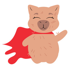 Obraz premium Adorable capybara dressed as a superhero with a flowing red cape and a cheerful expression. Perfect for digital stickers, character designs, children's projects, and fun-themed illustrations, optimize