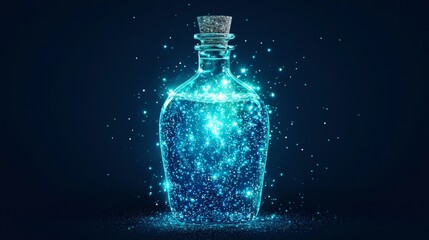 Dazzling glass bottle filled with sparkling blue liquid illuminated against a dark background. Generative AI
