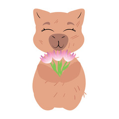Fototapeta premium Adorable capybara holding a bouquet of pink flowers with a happy and peaceful expression. Perfect for greeting cards, nature-themed designs, floral illustrations, and digital stickers