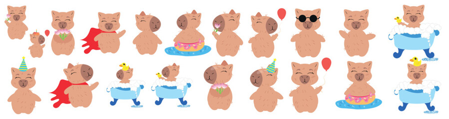 Funny capybara character set with different emotions and activities including pool, superhero cape, sunglasses, and birthday accessories