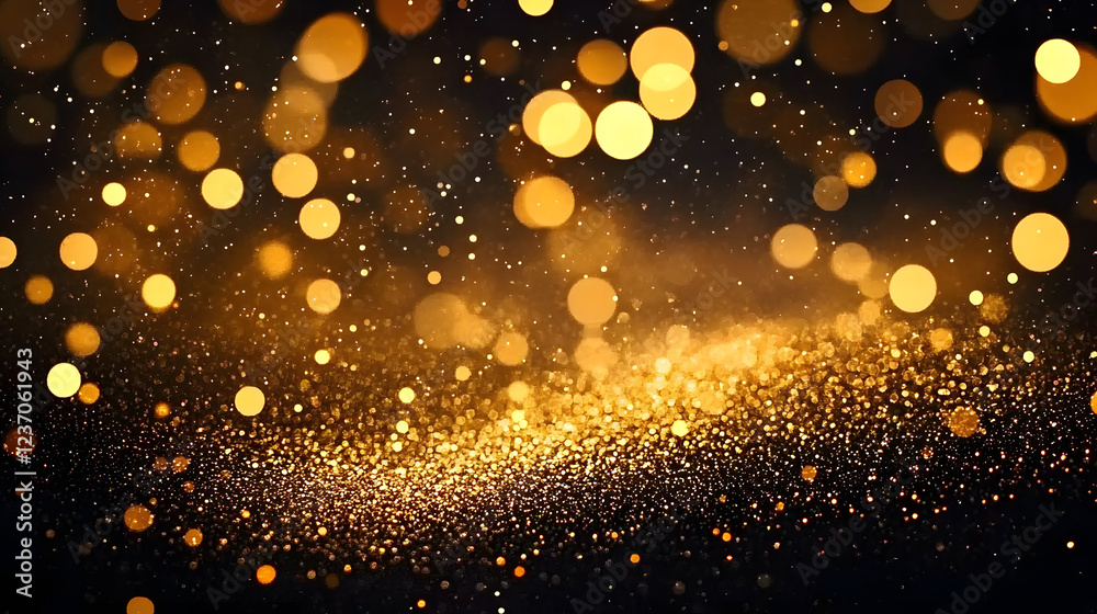 Wall mural golden dust shimmering bokeh. glowing gold glitter particles abstract background, warn festive overl