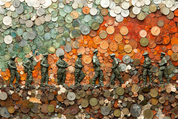 symbolic image of soldiers marching, crafted from various coins and currency, representing unity and sacrifice. colorful background enhances emotional impact of scene