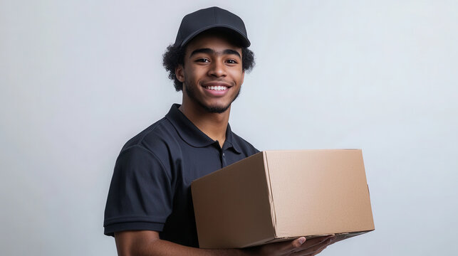 Young delivery worker smiling holding package for shipping and transportation services