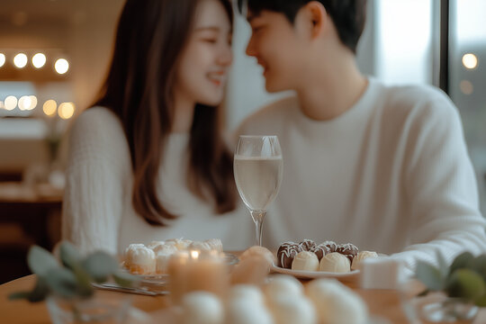 A couple celebrating White Day in South Korea, exchanging gifts and sharing a joyful moment in a cozy setting, with a sweet, romantic atmosphere.
