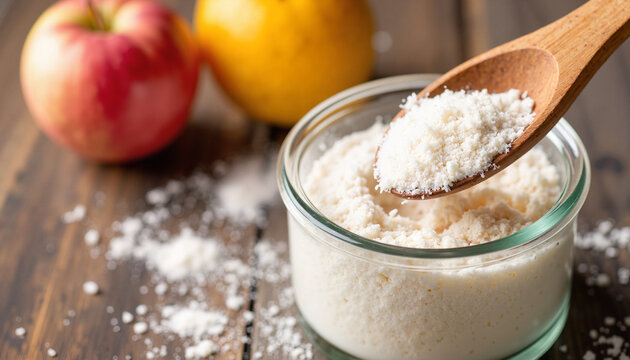 Scoop of white powder from jar on rustic table, culinary preparation