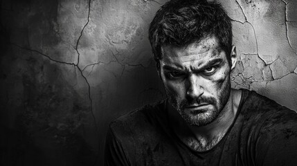 Obraz premium Strong expression of a man in dark clothing against a cracked wall showcasing resilience and determination in a challenging environment. Generative AI
