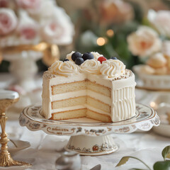 Luxurious dessert setting featuring a layered cream cake with cream cheese frosting