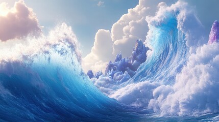 Majestic Ocean Waves Crashing Against Crystal Mountains
