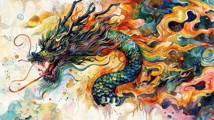 Obraz premium This stunning artwork features a majestic dragon with colorful scales and fiery mane, surrounded by swirling patterns and vibrant hues in a mystical landscape