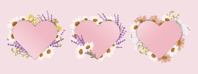 Pink heart frames decorated with daisies, lavender, and wildflowers set on a soft pastel background. Ideal for wedding invitations, greeting cards, love-themed designs,and branding.Vector illustration