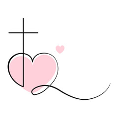 Fototapeta premium Minimalist Christian Cross and Heart Symbol of Faith and Love. Line art Christian cross integrated with a pink heart. Religious design,church logos,inspirational prints.Vector illustration