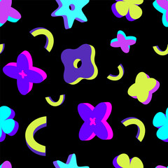 Modern Neon 3D Shapes Seamless Texture.Seamless abstract pattern with 3D geometric shapes on a black background fabric prints, wallpapers, packaging,branding,modern digital designs.Vector illustration