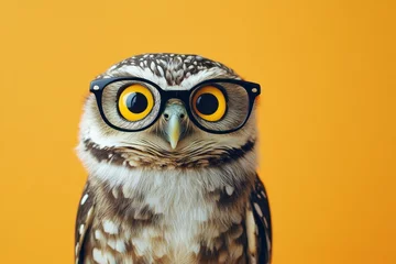 Fototapete owl wearing glasses, front view, against an orange background.  © El Media