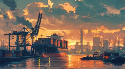 Obraz premium A large cargo ship is being loaded at a bustling port during sunset. The sky is filled with colorful clouds, reflecting on the water, while industrial structures loom in the background