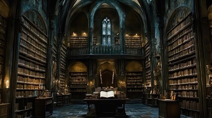 Ancient Gothic Library Filled With Bookshelves And Candles