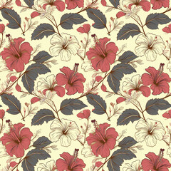 A seamless pattern of orange and cream hibiscus flowers with dark green leaves on a light cream background. 