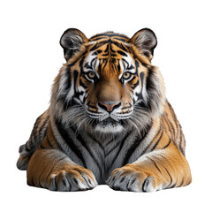 Fototapeta premium tiger lying down looking at the camera isolated on transparent background