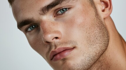 Obraz premium A male model with bright blue eyes and well-defined facial features stares directly at the camera against a plain background, showcasing a modern and fresh look suitable for fashion editorial content